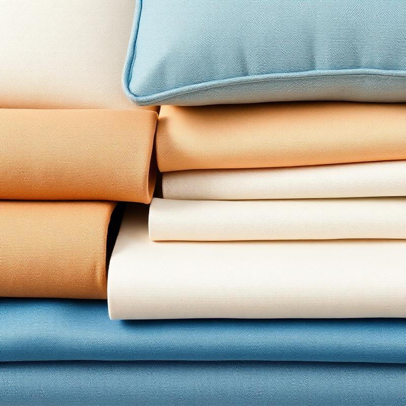 Telas para decoración y cojines apiladas en tonos azules y cálidos