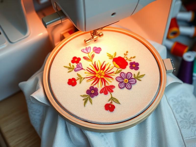 Bastidor con un bordado floral montado en una máquina de coser