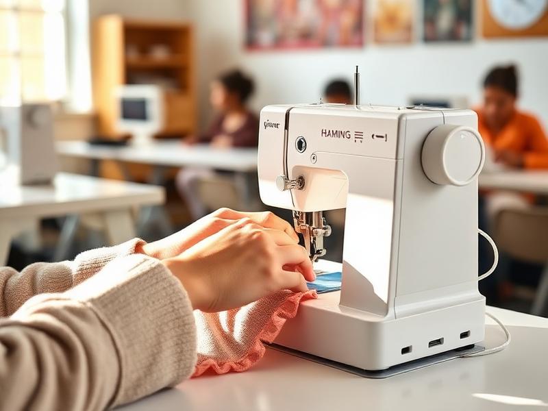 Estudiantes cosiendo en máquinas de coser durante una clase de confección
