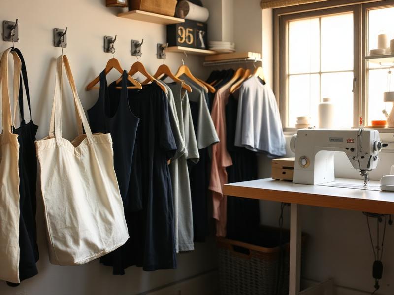 Taller de costura con bolsos y prendas terminadas junto a una máquina de coser
