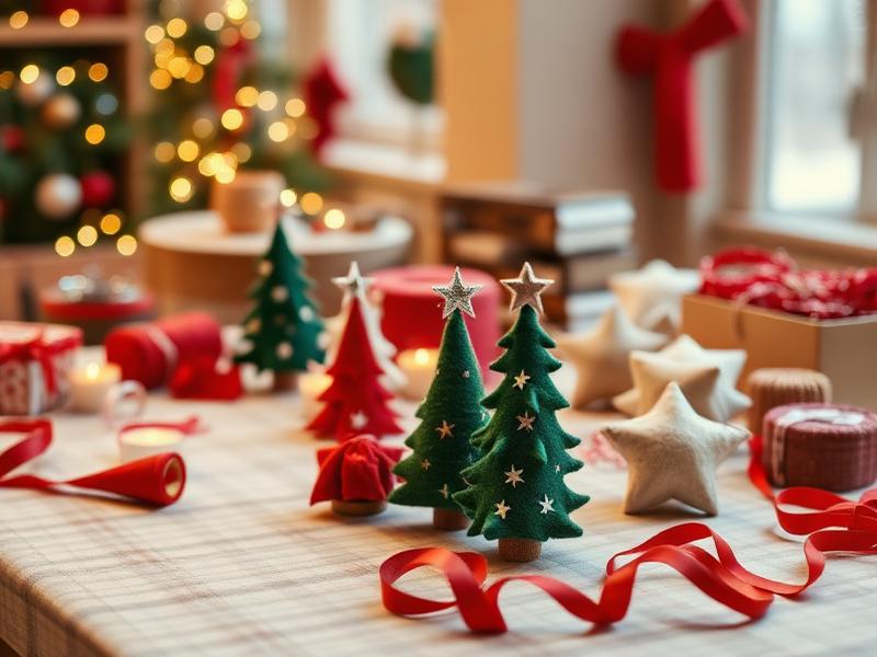 Adornos navideños de fieltro y tela con cintas rojas sobre una mesa