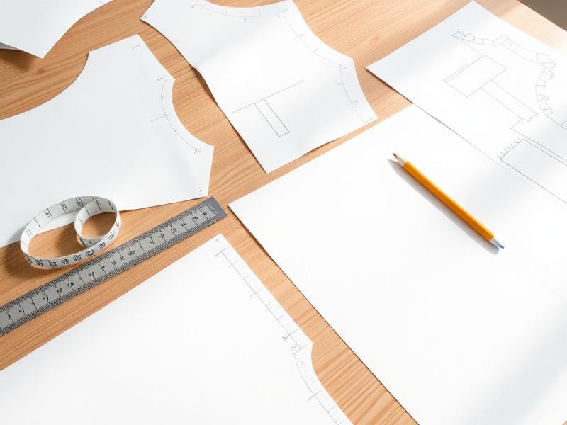 Patrones de papel, regla y cinta métrica sobre una mesa de trabajo