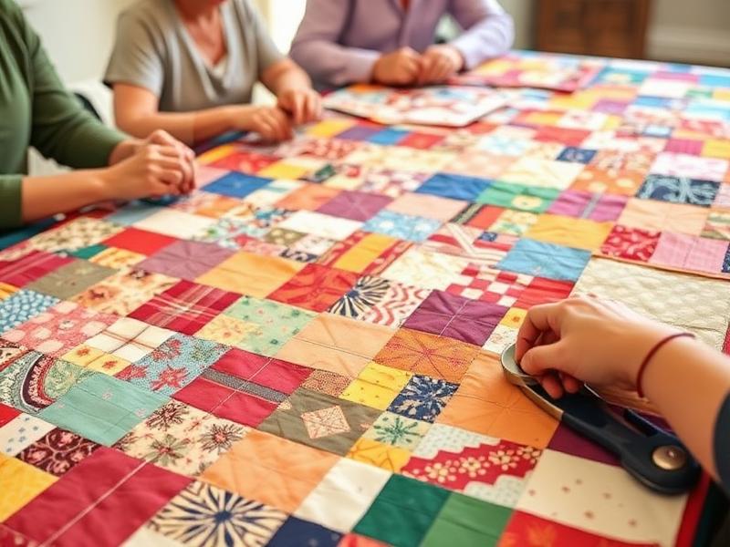 Bloques de patchwork de colores sobre una mesa durante un taller de quilting