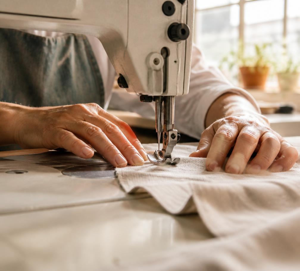 Manos guiando una tela en una máquina de coser durante un curso